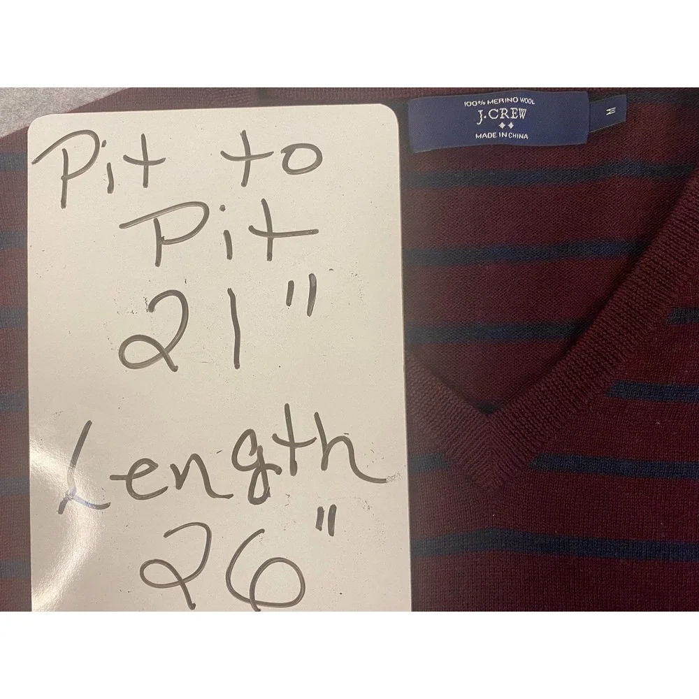 J Crew Merino Wool Burgundy Navy Striped V Neck Sweater Men M‎